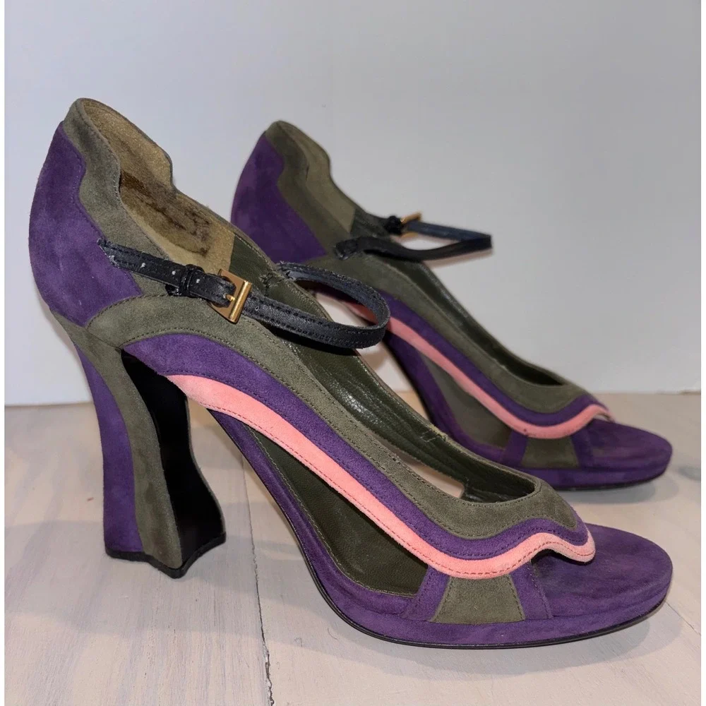Prada Fairy Collection 2008 Wave Color Block Suede Mary Jane Heels EU 39 Italy